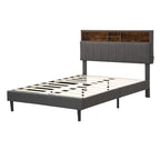 Letto a piattaforma in lino beige/marrone con testiera contenitore e stazione di ricarica – Queen/Full, 1–2 persone