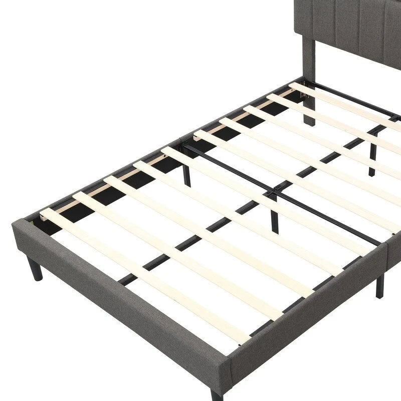Letto a piattaforma in lino beige/marrone con testiera contenitore e stazione di ricarica – Queen/Full, 1–2 persone