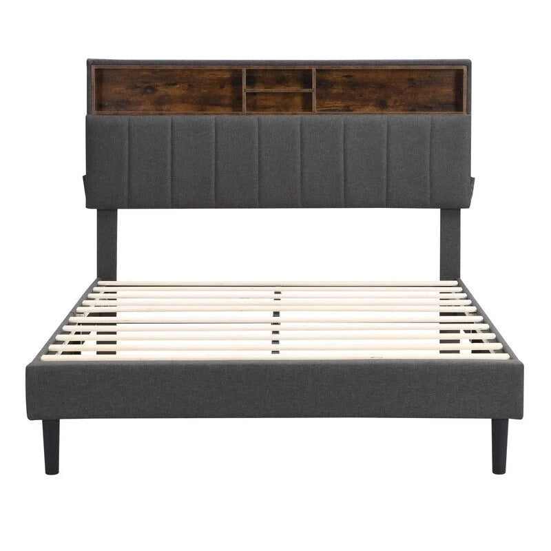 Letto a piattaforma in lino beige/marrone con testiera contenitore e stazione di ricarica – Queen/Full, 1–2 persone