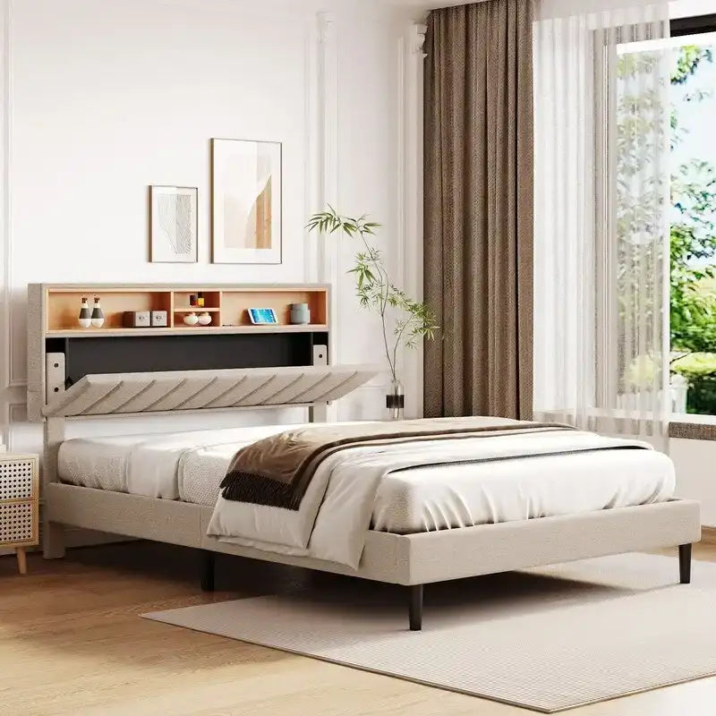 Letto a piattaforma in lino beige/marrone con testiera contenitore e stazione di ricarica – Queen/Full, 1–2 persone