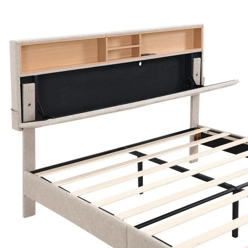 Letto a piattaforma in lino beige/marrone con testiera contenitore e stazione di ricarica – Queen/Full, 1–2 persone
