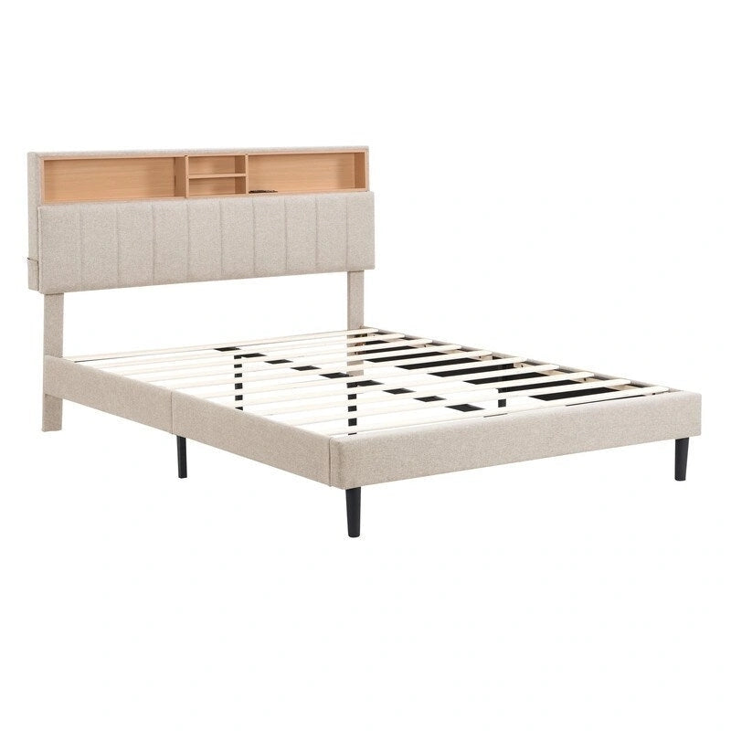 Letto a piattaforma in lino beige/marrone con testiera contenitore e stazione di ricarica – Queen/Full, 1–2 persone