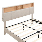 Letto a piattaforma in lino beige/marrone con testiera contenitore e stazione di ricarica – Queen/Full, 1–2 persone