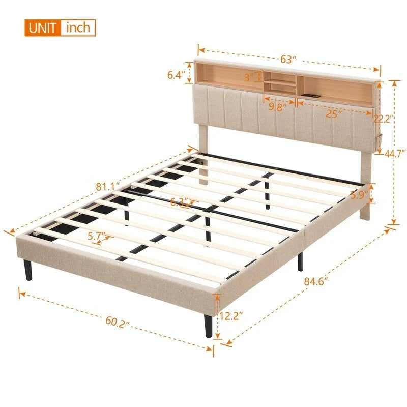 Letto a piattaforma in lino beige/marrone con testiera contenitore e stazione di ricarica – Queen/Full, 1–2 persone