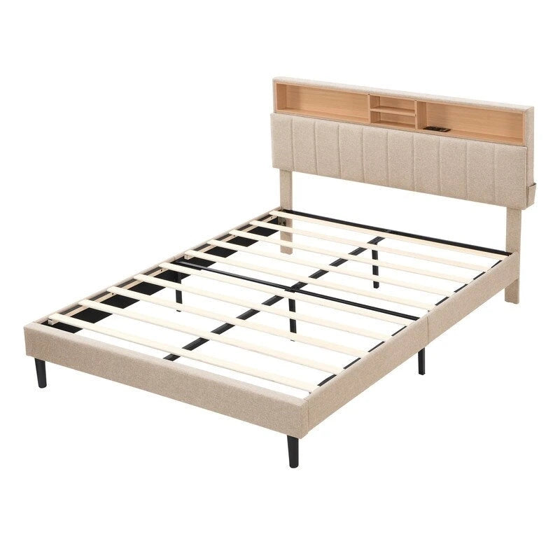 Letto a piattaforma in lino beige/marrone con testiera contenitore e stazione di ricarica – Queen/Full, 1–2 persone