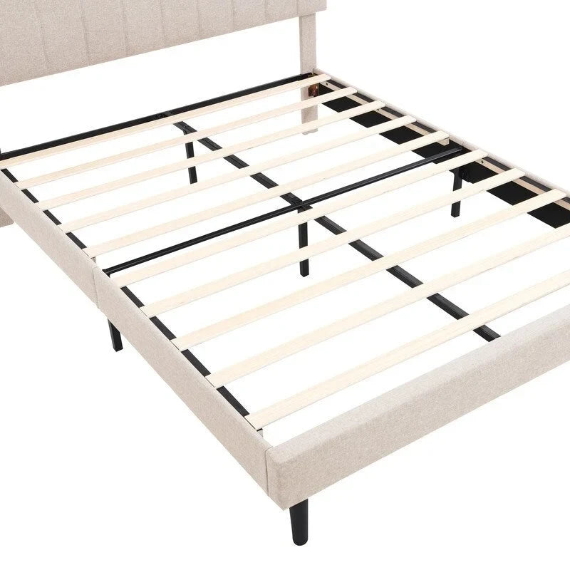 Letto a piattaforma in lino beige/marrone con testiera contenitore e stazione di ricarica – Queen/Full, 1–2 persone