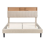 Letto a piattaforma in lino beige/marrone con testiera contenitore e stazione di ricarica – Queen/Full, 1–2 persone