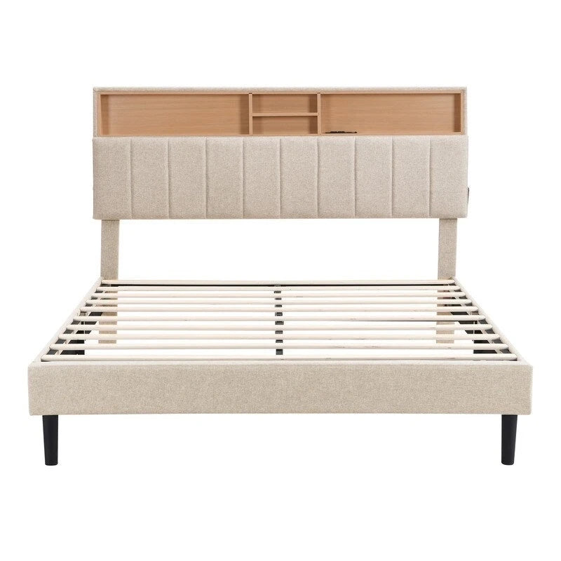 Letto a piattaforma in lino beige/marrone con testiera contenitore e stazione di ricarica – Queen/Full, 1–2 persone