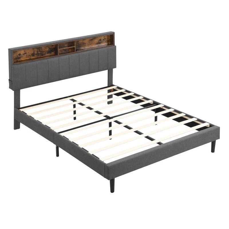 Letto a piattaforma in lino beige/marrone con testiera contenitore e stazione di ricarica – Queen/Full, 1–2 persone