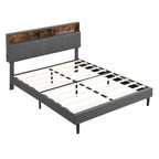 Letto a piattaforma in lino beige/marrone con testiera contenitore e stazione di ricarica – Queen/Full, 1–2 persone