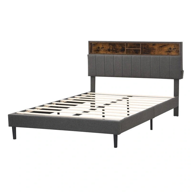 Letto a piattaforma in lino beige/marrone con testiera contenitore e stazione di ricarica – Queen/Full, 1–2 persone