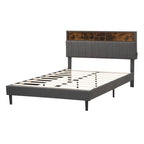 Letto a piattaforma in lino beige/marrone con testiera contenitore e stazione di ricarica – Queen/Full, 1–2 persone