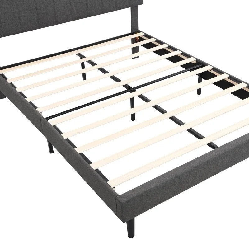 Letto a piattaforma in lino beige/marrone con testiera contenitore e stazione di ricarica – Queen/Full, 1–2 persone