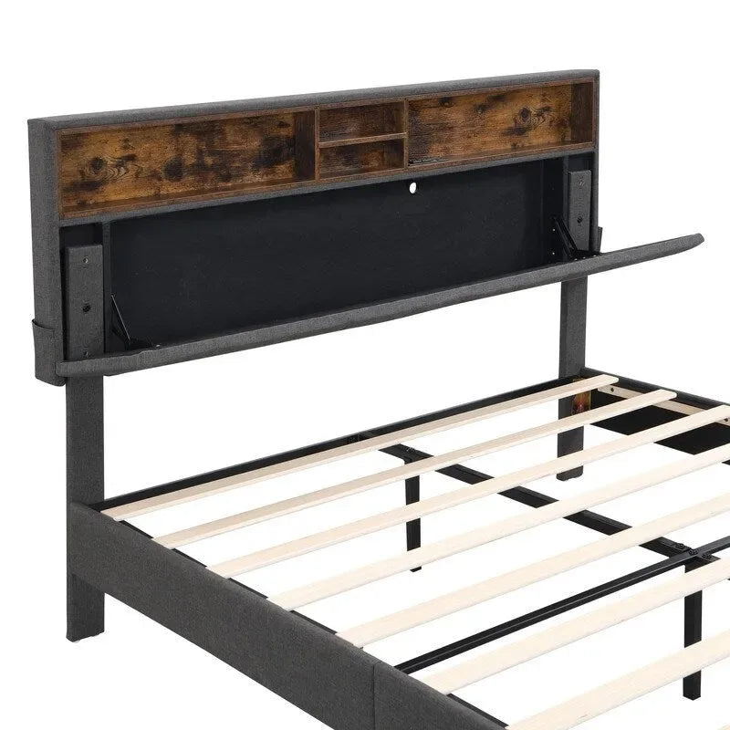 Letto a piattaforma in lino beige/marrone con testiera contenitore e stazione di ricarica – Queen/Full, 1–2 persone