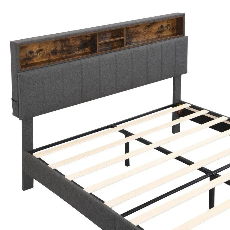 Letto a piattaforma in lino beige/marrone con testiera contenitore e stazione di ricarica – Queen/Full, 1–2 persone