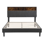 Letto a piattaforma in lino beige/marrone con testiera contenitore e stazione di ricarica – Queen/Full, 1–2 persone