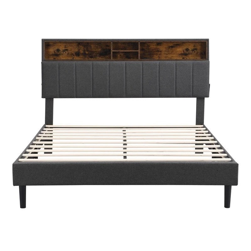 Letto a piattaforma in lino beige/marrone con testiera contenitore e stazione di ricarica – Queen/Full, 1–2 persone
