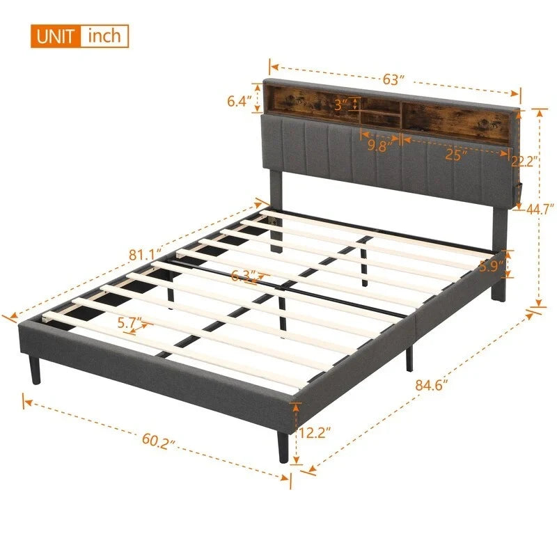 Letto a piattaforma in lino beige/marrone con testiera contenitore e stazione di ricarica – Queen/Full, 1–2 persone