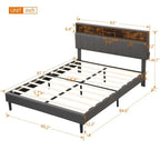 Letto a piattaforma in lino beige/marrone con testiera contenitore e stazione di ricarica – Queen/Full, 1–2 persone