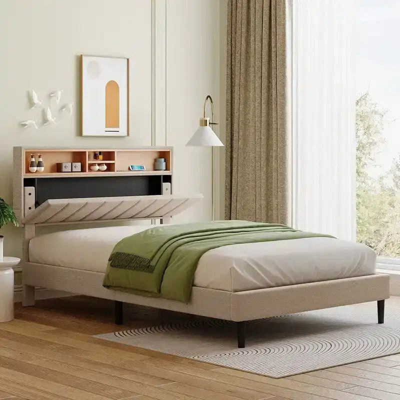 Letto a piattaforma in lino beige/marrone con testiera contenitore e stazione di ricarica – Queen/Full, 1–2 persone