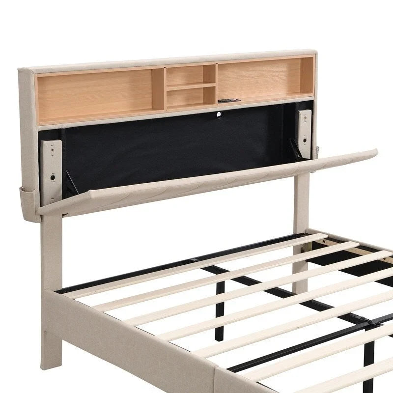 Letto a piattaforma in lino beige/marrone con testiera contenitore e stazione di ricarica – Queen/Full, 1–2 persone