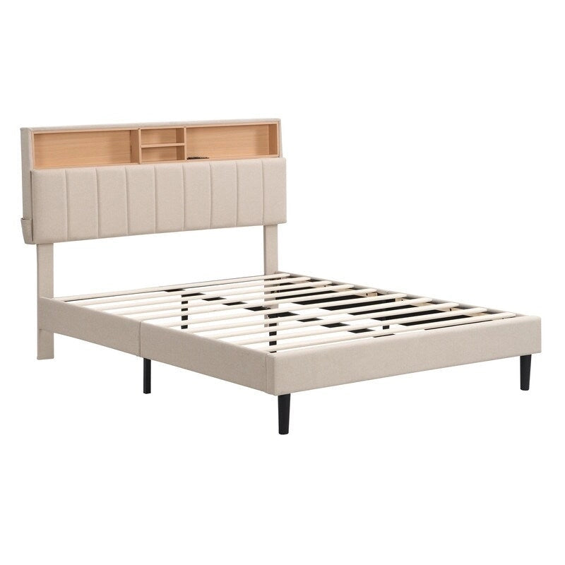 Letto a piattaforma in lino beige/marrone con testiera contenitore e stazione di ricarica – Queen/Full, 1–2 persone