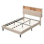 Letto a piattaforma in lino beige/marrone con testiera contenitore e stazione di ricarica – Queen/Full, 1–2 persone