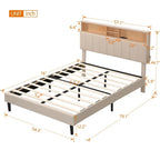 Letto a piattaforma in lino beige/marrone con testiera contenitore e stazione di ricarica – Queen/Full, 1–2 persone