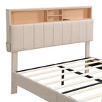 Letto a piattaforma in lino beige/marrone con testiera contenitore e stazione di ricarica – Queen/Full, 1–2 persone