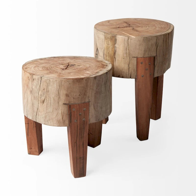 Sgabello Tondo in Legno Naturale Marrone, Seduta Singola, Altezza 38/46 cm