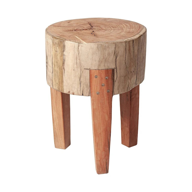 Sgabello Tondo in Legno Naturale Marrone, Seduta Singola, Altezza 38/46 cm