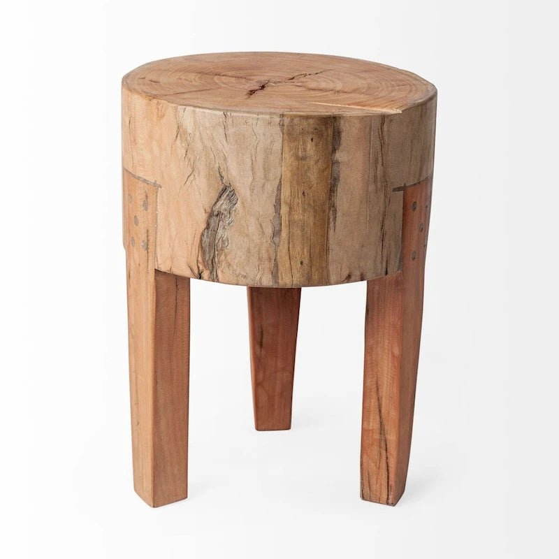 Sgabello Tondo in Legno Naturale Marrone, Seduta Singola, Altezza 38/46 cm