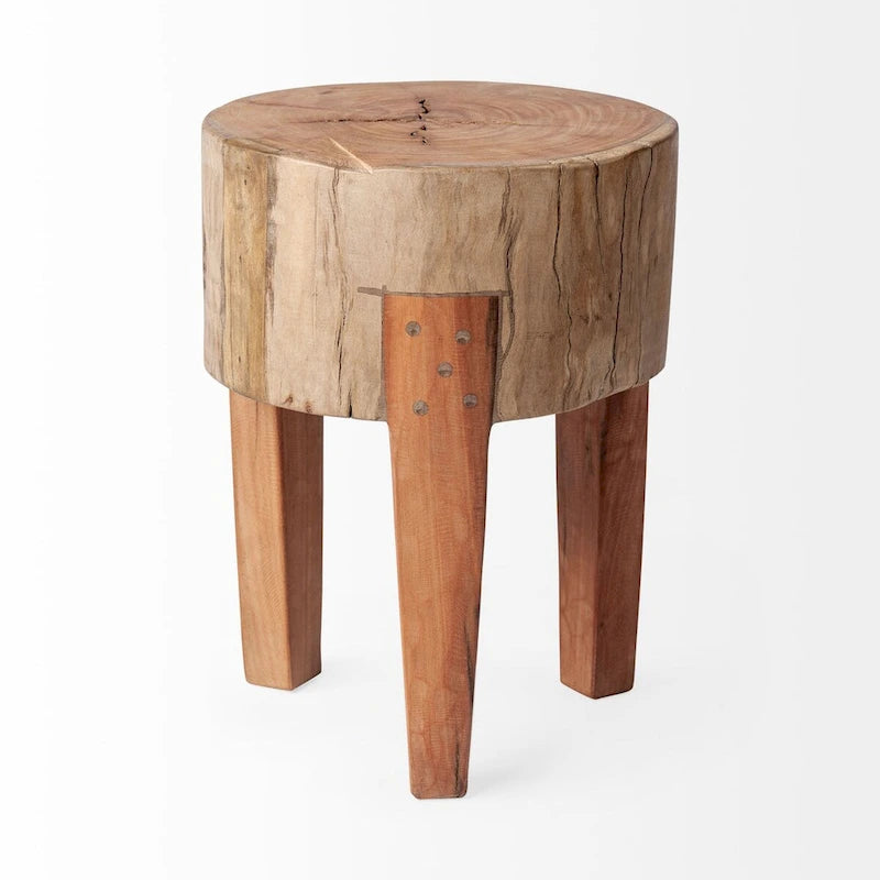 Sgabello Tondo in Legno Naturale Marrone, Seduta Singola, Altezza 38/46 cm