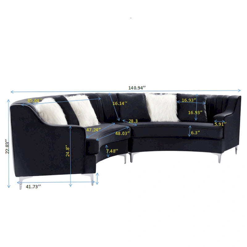 Divano curvo in velluto grigio / blu navy / nero con cuscini – 2 posti