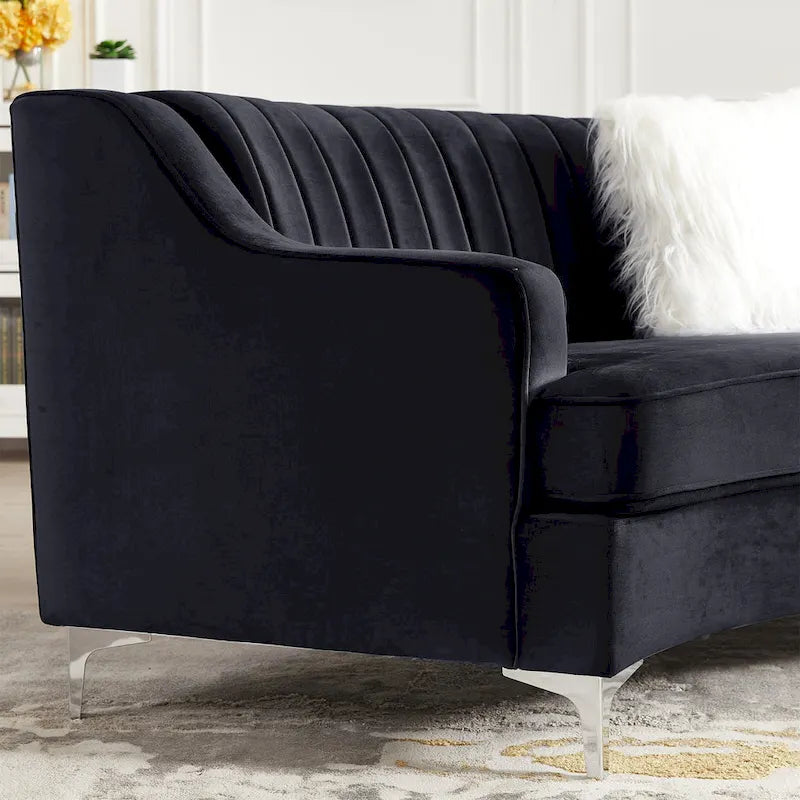 Divano curvo in velluto grigio / blu navy / nero con cuscini – 2 posti