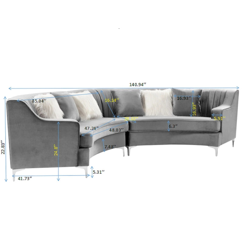 Divano curvo in velluto grigio / blu navy / nero con cuscini – 2 posti