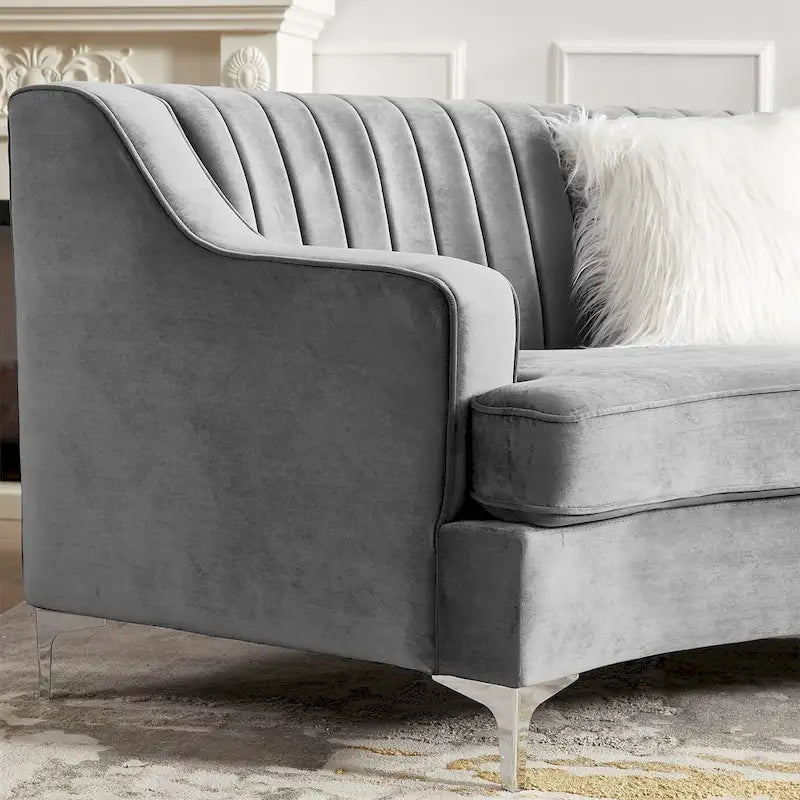Divano curvo in velluto grigio / blu navy / nero con cuscini – 2 posti