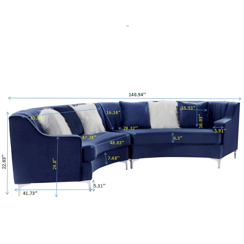 Divano curvo in velluto grigio / blu navy / nero con cuscini – 2 posti
