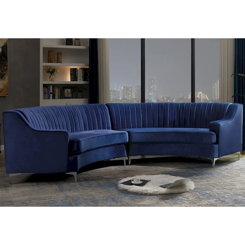 Divano curvo in velluto grigio / blu navy / nero con cuscini – 2 posti