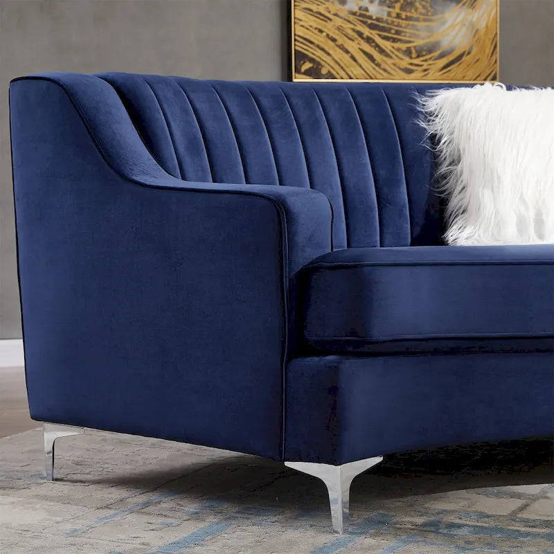 Divano curvo in velluto grigio / blu navy / nero con cuscini – 2 posti