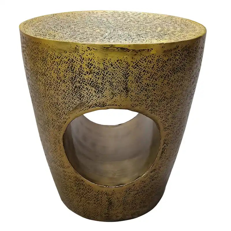 Tavolino finale/laterale in alluminio, ottone antico, a forma di tamburo affusolato, monouso