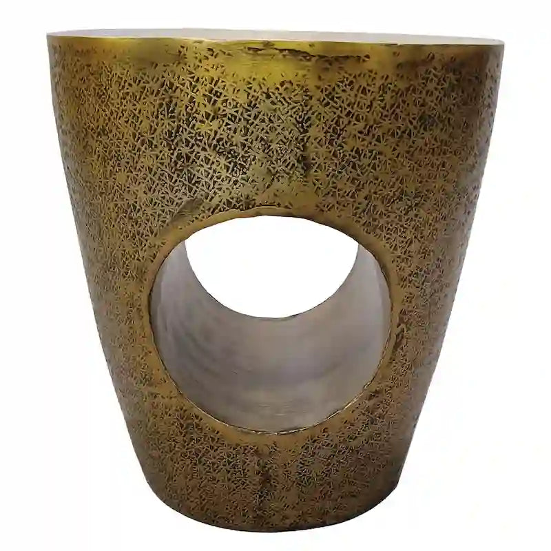 Tavolino finale/laterale in alluminio, ottone antico, a forma di tamburo affusolato, monouso