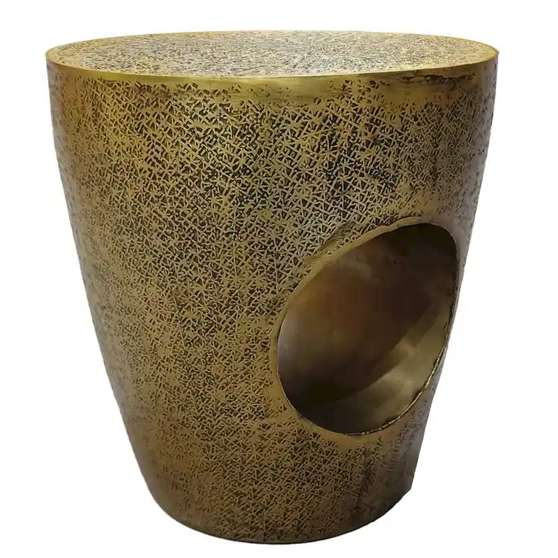 Tavolino finale/laterale in alluminio, ottone antico, a forma di tamburo affusolato, monouso