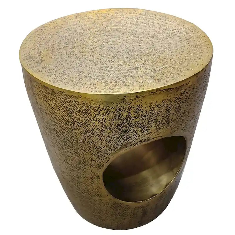 Tavolino finale/laterale in alluminio, ottone antico, a forma di tamburo affusolato, monouso