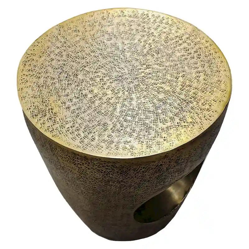 Tavolino finale/laterale in alluminio, ottone antico, a forma di tamburo affusolato, monouso