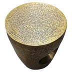 Tavolino finale/laterale in alluminio, ottone antico, a forma di tamburo affusolato, monouso
