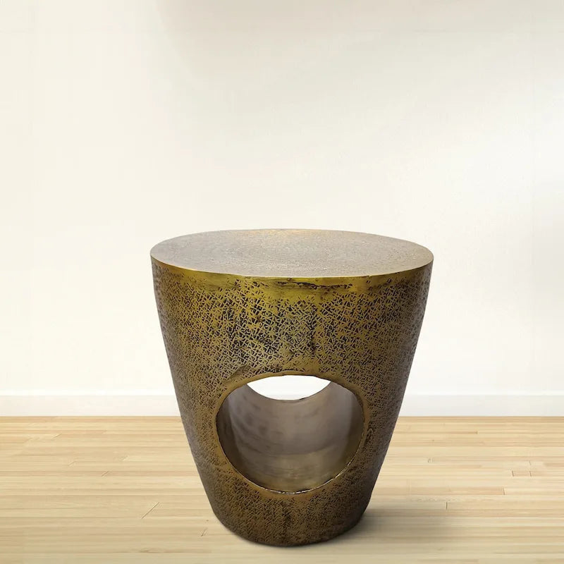 Tavolino finale/laterale in alluminio, ottone antico, a forma di tamburo affusolato, monouso