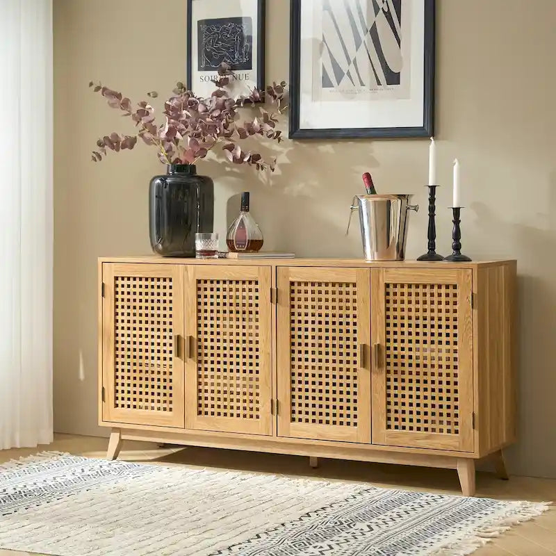 Credenza contemporanea nera/noce con ante a traliccio, 58"L