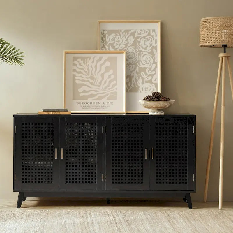 Credenza contemporanea nera/noce con ante a traliccio, 58"L
