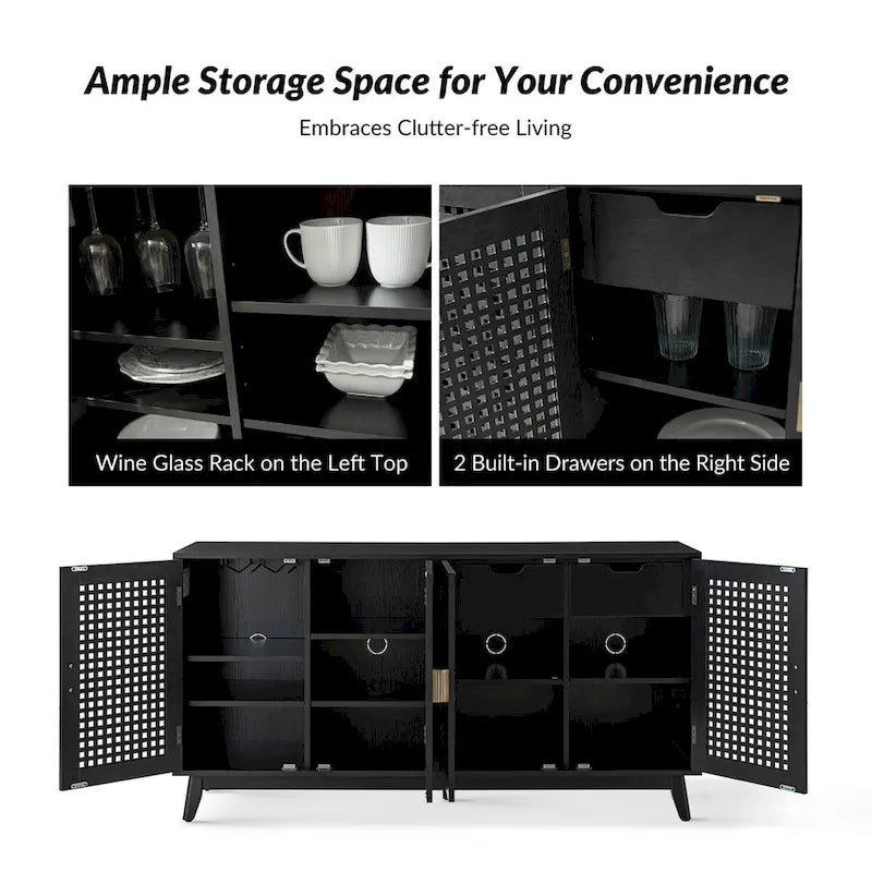 Credenza contemporanea nera/noce con ante a traliccio, 58"L